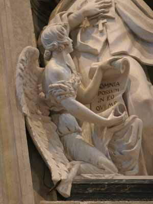 Angel with Scroll at base of St Frances Cabrini statue
